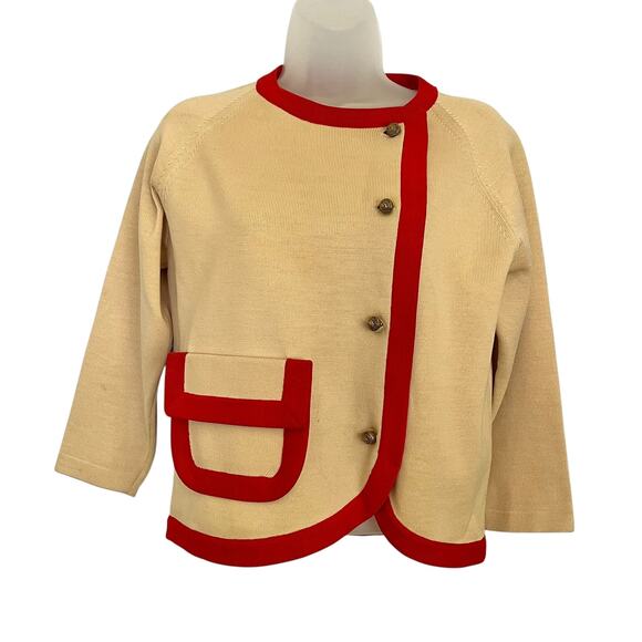 RARE Vintage Don Loper Cream Knit Red Trim Mod Cardigan 3/4-Sleeve Dinner Jacket - Picture 2 of 10